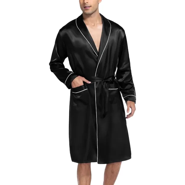 SWOMOG Mens Satin Robe Silky Kimono Bathrobe with Shorts Set Lightweight Soft Loungewear NightwearBlack