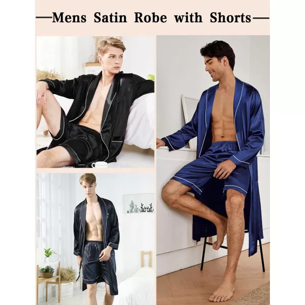 SWOMOG Mens Satin Robe Silky Kimono Bathrobe with Shorts Set Lightweight Soft Loungewear NightwearBlack