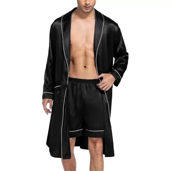 SWOMOG Mens Satin Robe Silky Kimono Bathrobe with Shorts Set Lightweight Soft Loungewear NightwearBlack