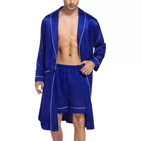 SWOMOG Mens Satin Robe Silky Kimono Bathrobe with Shorts Set Lightweight Soft Loungewear NightwearBlue