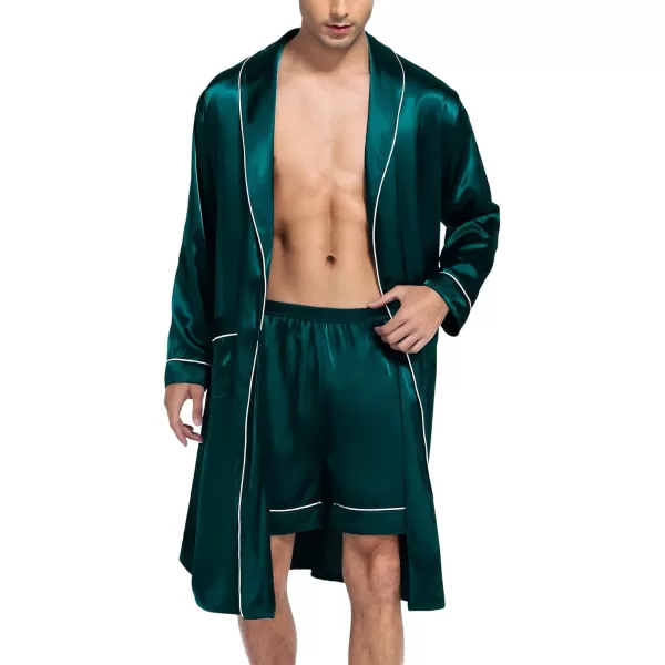 SWOMOG Mens Satin Robe Silky Kimono Bathrobe with Shorts Set Lightweight Soft Loungewear NightwearDark Green