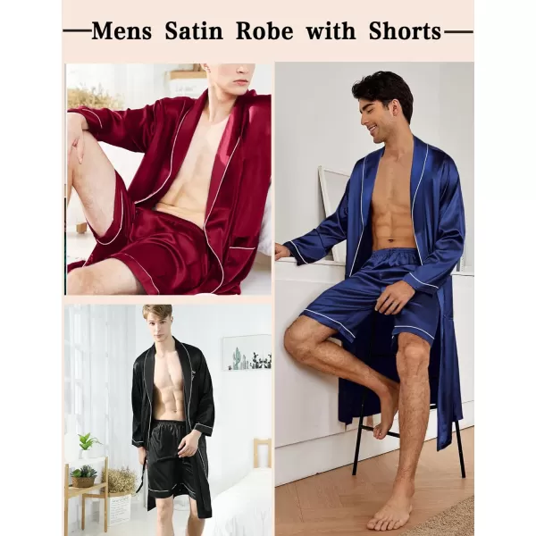 SWOMOG Mens Satin Robe Silky Kimono Bathrobe with Shorts Set Lightweight Soft Loungewear NightwearDark Wine Red