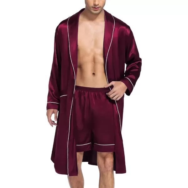 SWOMOG Mens Satin Robe Silky Kimono Bathrobe with Shorts Set Lightweight Soft Loungewear NightwearDark Wine Red