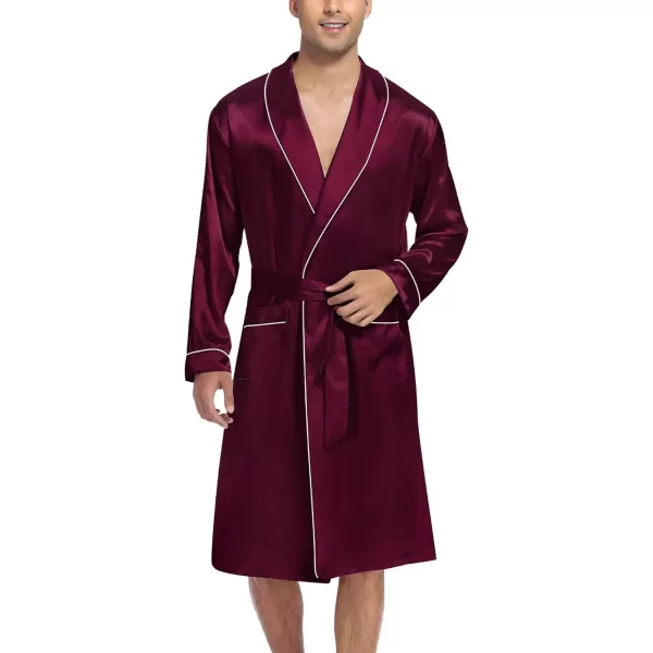 SWOMOG Mens Satin Robe Silky Kimono Bathrobe with Shorts Set Lightweight Soft Loungewear NightwearDark Wine Red