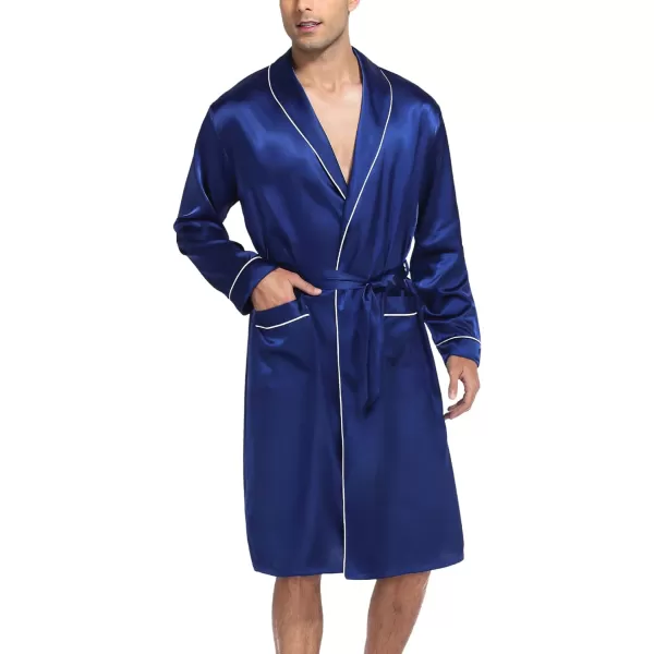 SWOMOG Mens Satin Robe Silky Kimono Bathrobe with Shorts Set Lightweight Soft Loungewear NightwearNavy Blue