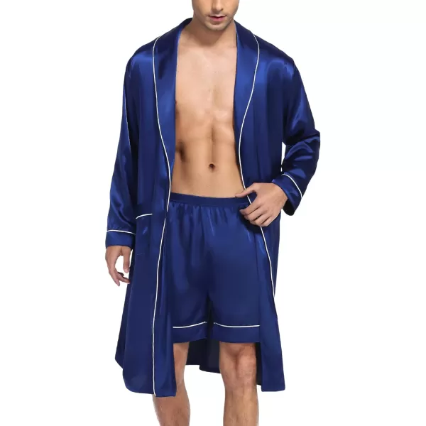 SWOMOG Mens Satin Robe Silky Kimono Bathrobe with Shorts Set Lightweight Soft Loungewear NightwearNavy Blue