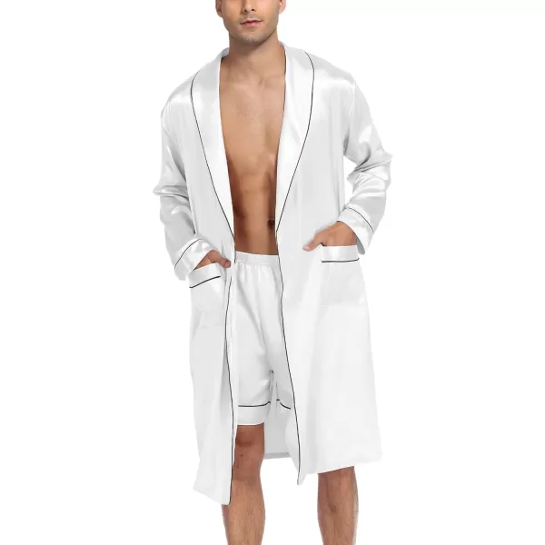 SWOMOG Mens Satin Robe Silky Kimono Bathrobe with Shorts Set Lightweight Soft Loungewear NightwearWhite