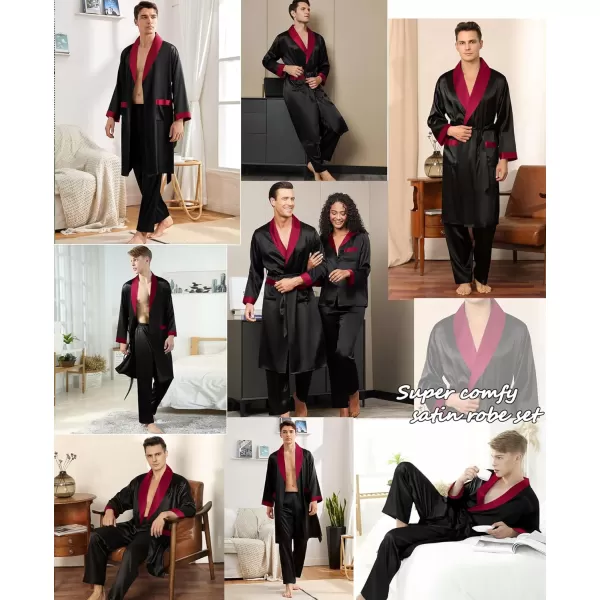 SWOMOG Mens Satin Robe with Pants Set Silky Kimono Bathrobe Lightweight Soft Sleepwear LoungewearBlack