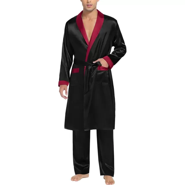 SWOMOG Mens Satin Robe with Pants Set Silky Kimono Bathrobe Lightweight Soft Sleepwear LoungewearBlack