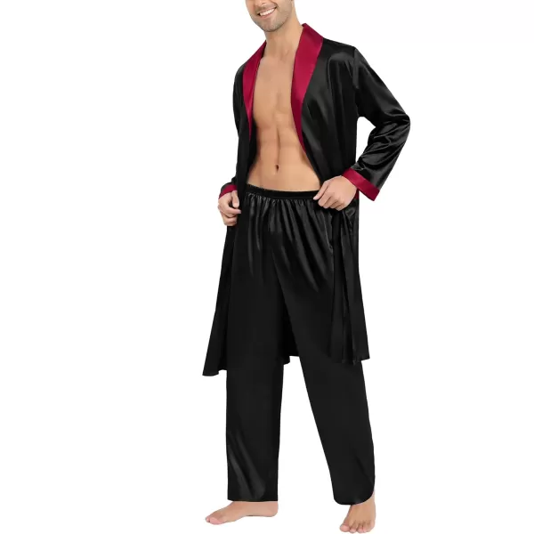 SWOMOG Mens Satin Robe with Pants Set Silky Kimono Bathrobe Lightweight Soft Sleepwear LoungewearBlack