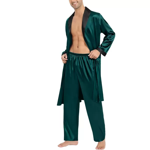 SWOMOG Mens Satin Robe with Pants Set Silky Kimono Bathrobe Lightweight Soft Sleepwear LoungewearDark Green