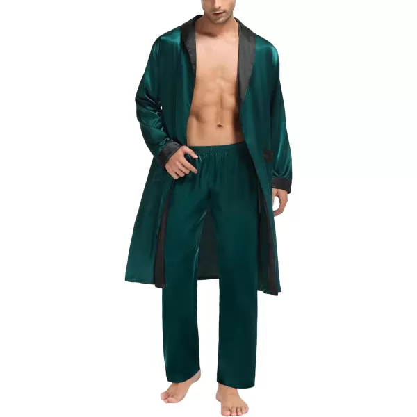 SWOMOG Mens Satin Robe with Pants Set Silky Kimono Bathrobe Lightweight Soft Sleepwear LoungewearDark Green