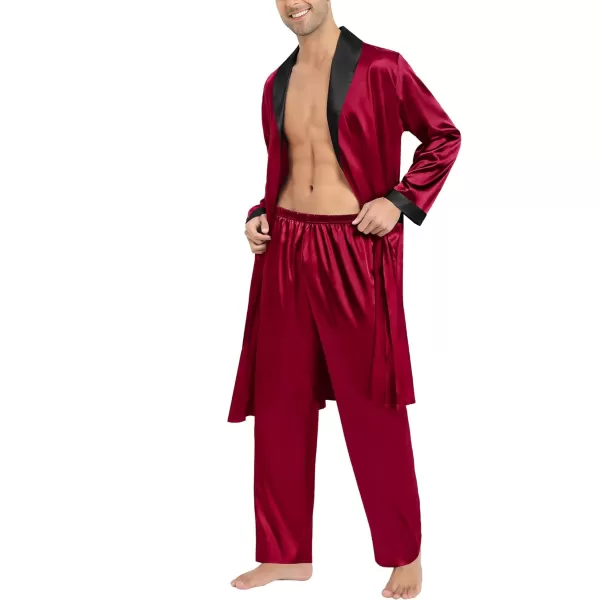 SWOMOG Mens Satin Robe with Pants Set Silky Kimono Bathrobe Lightweight Soft Sleepwear LoungewearDark Wine Red