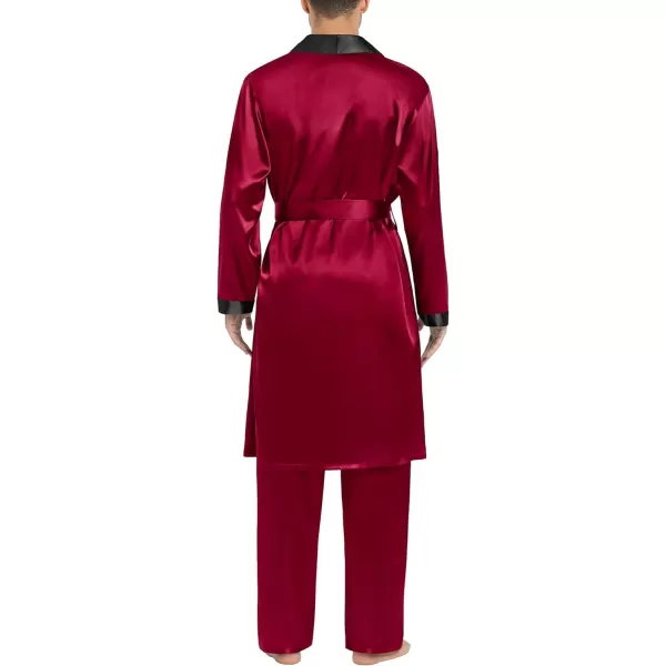 SWOMOG Mens Satin Robe with Pants Set Silky Kimono Bathrobe Lightweight Soft Sleepwear LoungewearDark Wine Red