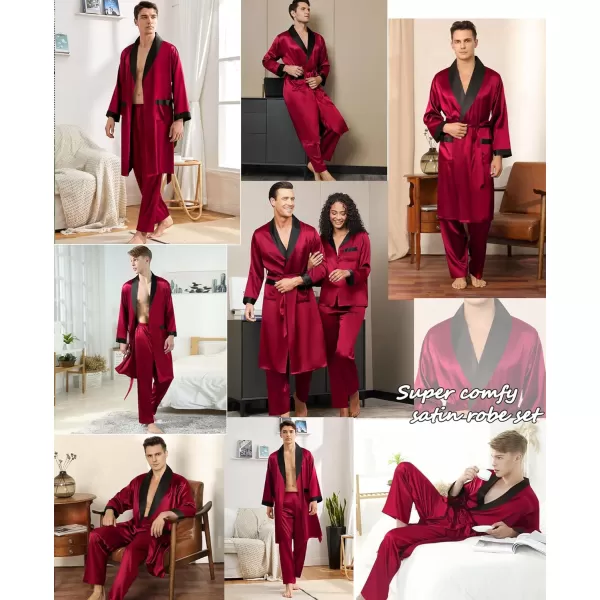 SWOMOG Mens Satin Robe with Pants Set Silky Kimono Bathrobe Lightweight Soft Sleepwear LoungewearDark Wine Red