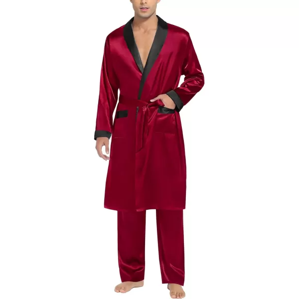 SWOMOG Mens Satin Robe with Pants Set Silky Kimono Bathrobe Lightweight Soft Sleepwear LoungewearDark Wine Red