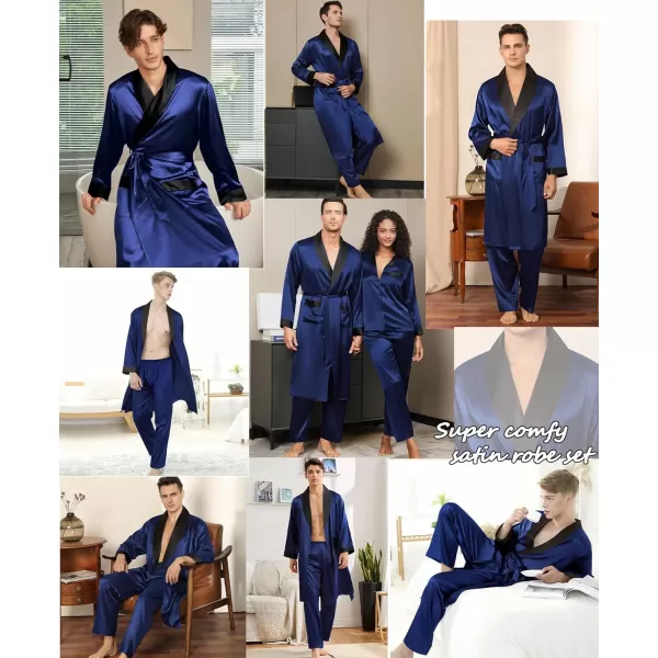 SWOMOG Mens Satin Robe with Pants Set Silky Kimono Bathrobe Lightweight Soft Sleepwear LoungewearNavy Blue