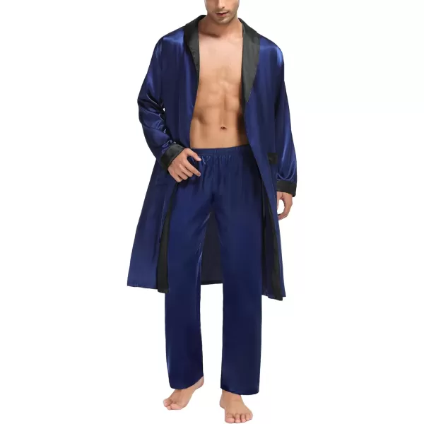 SWOMOG Mens Satin Robe with Pants Set Silky Kimono Bathrobe Lightweight Soft Sleepwear LoungewearNavy Blue