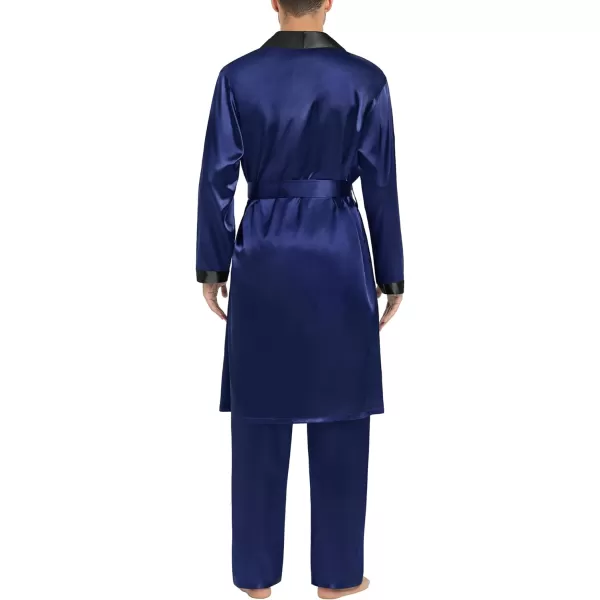 SWOMOG Mens Satin Robe with Pants Set Silky Kimono Bathrobe Lightweight Soft Sleepwear LoungewearNavy Blue