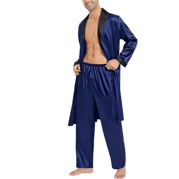 SWOMOG Mens Satin Robe with Pants Set Silky Kimono Bathrobe Lightweight Soft Sleepwear LoungewearNavy Blue