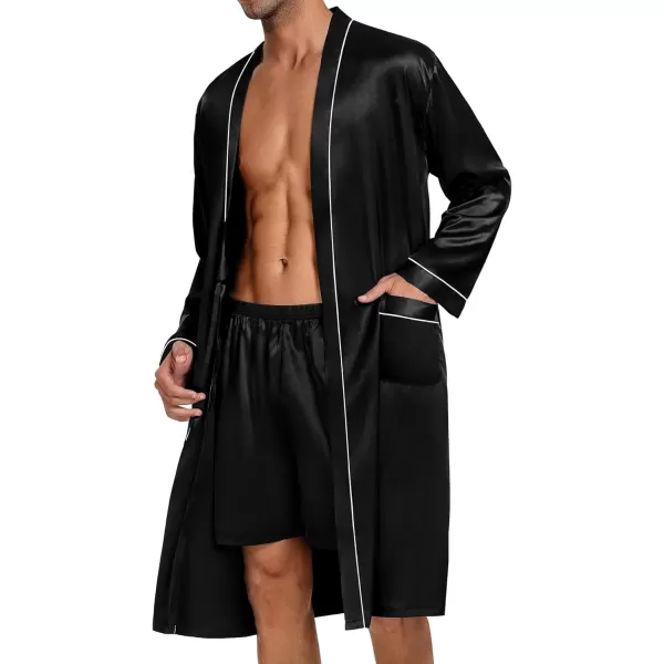 SWOMOG Mens Satin Robe with Shorts Set 2 PCS Kimono Bathrobe Long Sleeve Sleepwear Pjs Sets with PocketsBlack