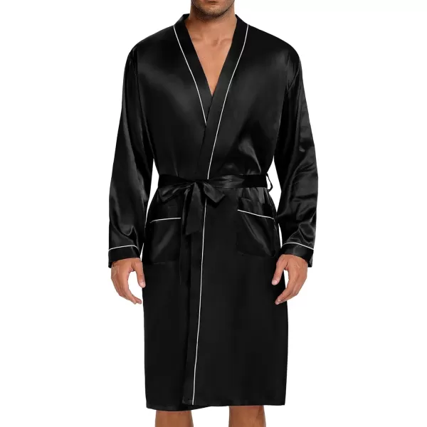 SWOMOG Mens Satin Robe with Shorts Set 2 PCS Kimono Bathrobe Long Sleeve Sleepwear Pjs Sets with PocketsBlack