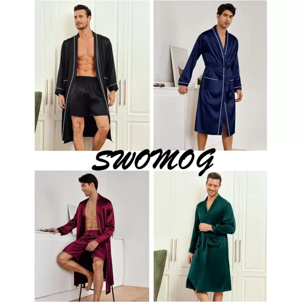 SWOMOG Mens Satin Robe with Shorts Set 2 PCS Kimono Bathrobe Long Sleeve Sleepwear Pjs Sets with PocketsBlack