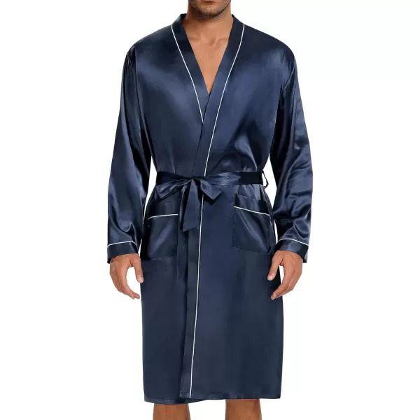 SWOMOG Mens Satin Robe with Shorts Set 2 PCS Kimono Bathrobe Long Sleeve Sleepwear Pjs Sets with PocketsDeep Grey