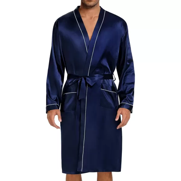 SWOMOG Mens Satin Robe with Shorts Set 2 PCS Kimono Bathrobe Long Sleeve Sleepwear Pjs Sets with PocketsDeep Navy Blue