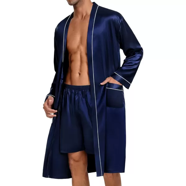 SWOMOG Mens Satin Robe with Shorts Set 2 PCS Kimono Bathrobe Long Sleeve Sleepwear Pjs Sets with PocketsDeep Navy Blue