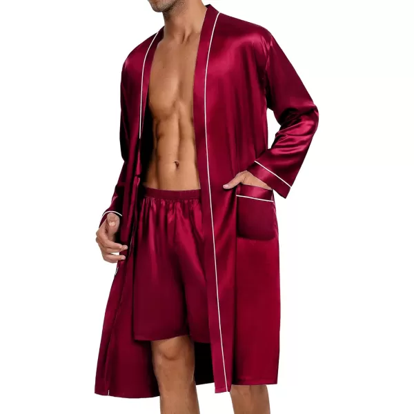 SWOMOG Mens Satin Robe with Shorts Set 2 PCS Kimono Bathrobe Long Sleeve Sleepwear Pjs Sets with PocketsDeep Wine Red