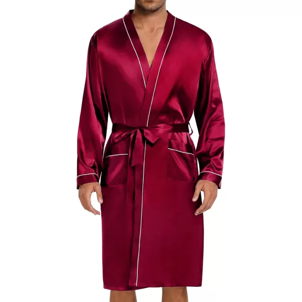 SWOMOG Mens Satin Robe with Shorts Set 2 PCS Kimono Bathrobe Long Sleeve Sleepwear Pjs Sets with PocketsDeep Wine Red