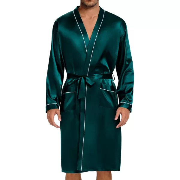 SWOMOG Mens Satin Robe with Shorts Set 2 PCS Kimono Bathrobe Long Sleeve Sleepwear Pjs Sets with PocketsGreen