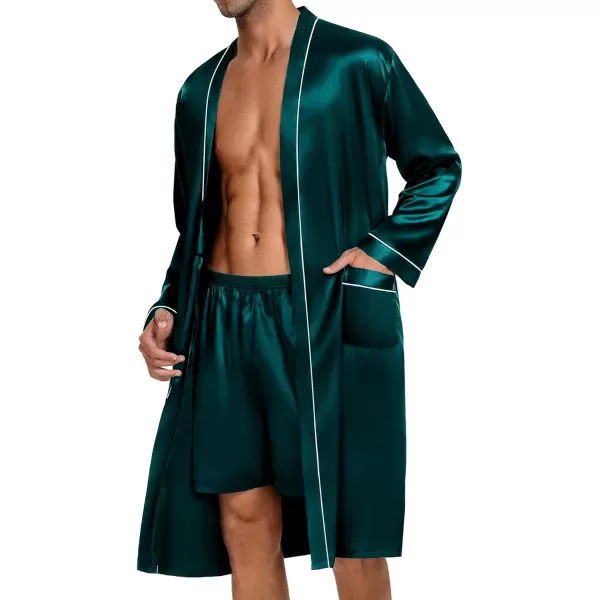 SWOMOG Mens Satin Robe with Shorts Set 2 PCS Kimono Bathrobe Long Sleeve Sleepwear Pjs Sets with PocketsGreen