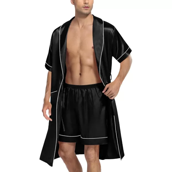 SWOMOG Mens Satin Robe with Shorts Set Silky Short Sleeve Kimono Bathrobe Lightweight Soft SleepwearBlack
