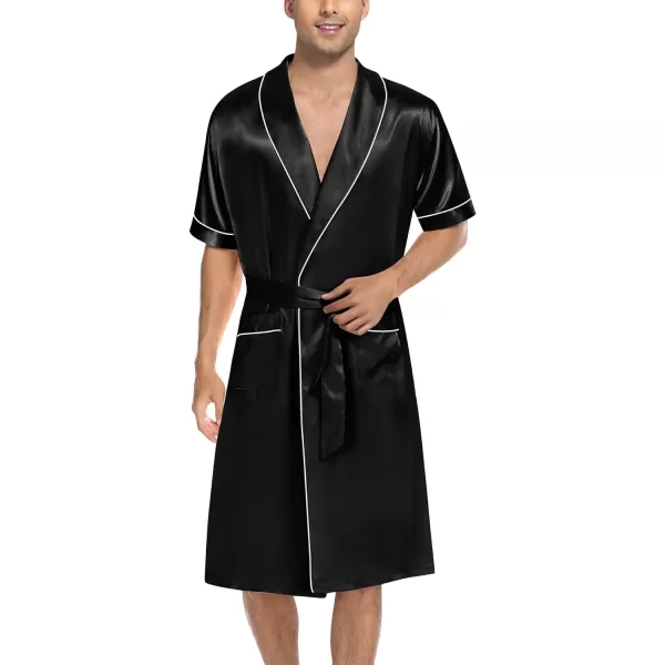 SWOMOG Mens Satin Robe with Shorts Set Silky Short Sleeve Kimono Bathrobe Lightweight Soft SleepwearBlack