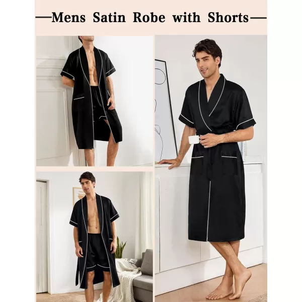 SWOMOG Mens Satin Robe with Shorts Set Silky Short Sleeve Kimono Bathrobe Lightweight Soft SleepwearBlack