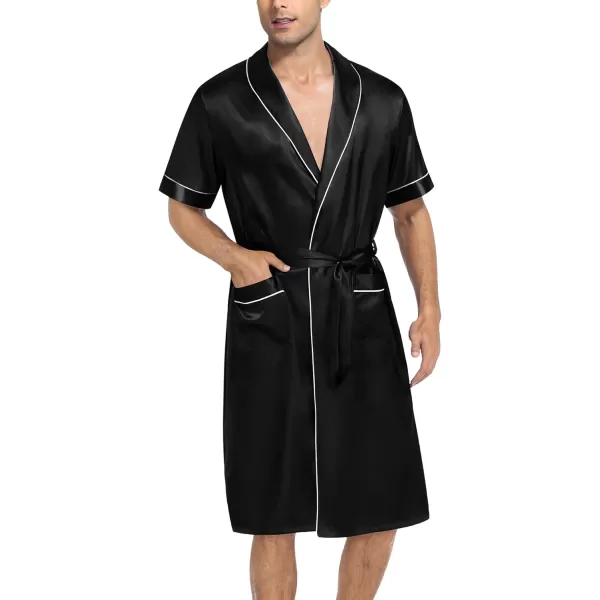 SWOMOG Mens Satin Robe with Shorts Set Silky Short Sleeve Kimono Bathrobe Lightweight Soft SleepwearBlack