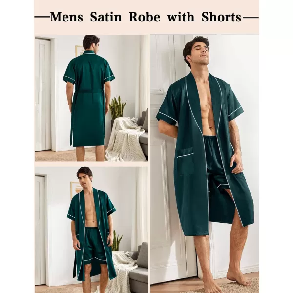 SWOMOG Mens Satin Robe with Shorts Set Silky Short Sleeve Kimono Bathrobe Lightweight Soft SleepwearDark Green