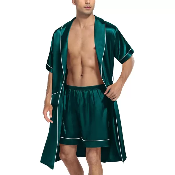 SWOMOG Mens Satin Robe with Shorts Set Silky Short Sleeve Kimono Bathrobe Lightweight Soft SleepwearDark Green