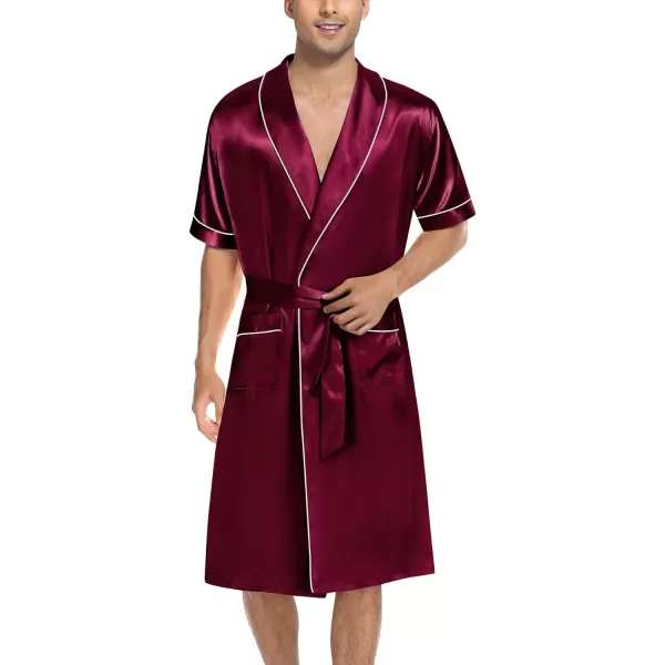 SWOMOG Mens Satin Robe with Shorts Set Silky Short Sleeve Kimono Bathrobe Lightweight Soft SleepwearDark Wine Red