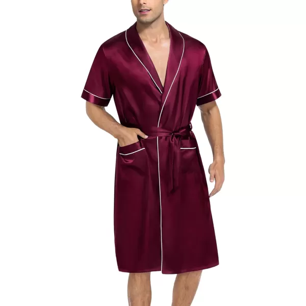 SWOMOG Mens Satin Robe with Shorts Set Silky Short Sleeve Kimono Bathrobe Lightweight Soft SleepwearDark Wine Red