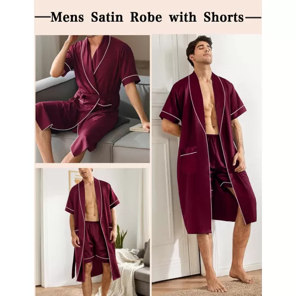 SWOMOG Mens Satin Robe with Shorts Set Silky Short Sleeve Kimono Bathrobe Lightweight Soft SleepwearDark Wine Red