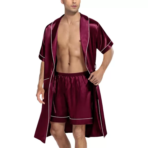 SWOMOG Mens Satin Robe with Shorts Set Silky Short Sleeve Kimono Bathrobe Lightweight Soft SleepwearDark Wine Red