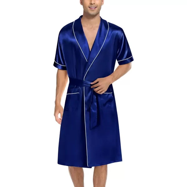 SWOMOG Mens Satin Robe with Shorts Set Silky Short Sleeve Kimono Bathrobe Lightweight Soft SleepwearNavy Blue