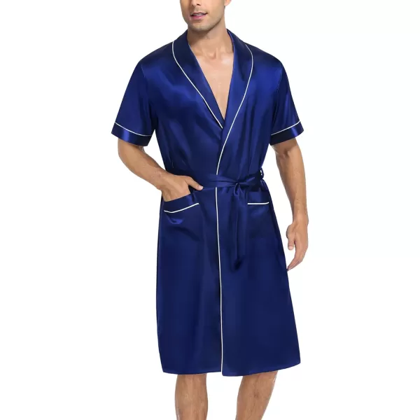 SWOMOG Mens Satin Robe with Shorts Set Silky Short Sleeve Kimono Bathrobe Lightweight Soft SleepwearNavy Blue