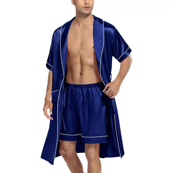 SWOMOG Mens Satin Robe with Shorts Set Silky Short Sleeve Kimono Bathrobe Lightweight Soft SleepwearNavy Blue