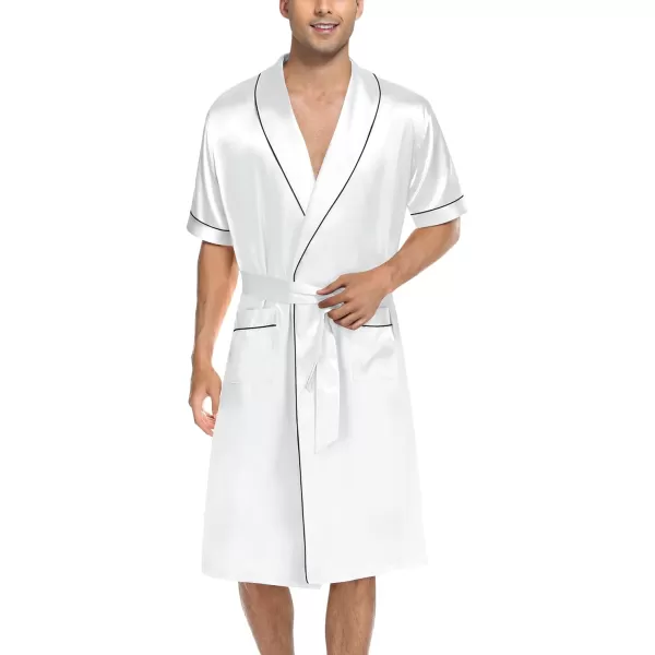 SWOMOG Mens Satin Robe with Shorts Set Silky Short Sleeve Kimono Bathrobe Lightweight Soft SleepwearWhite