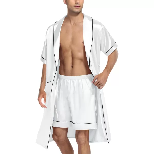 SWOMOG Mens Satin Robe with Shorts Set Silky Short Sleeve Kimono Bathrobe Lightweight Soft SleepwearWhite