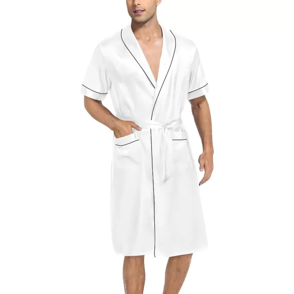 SWOMOG Mens Satin Robe with Shorts Set Silky Short Sleeve Kimono Bathrobe Lightweight Soft SleepwearWhite